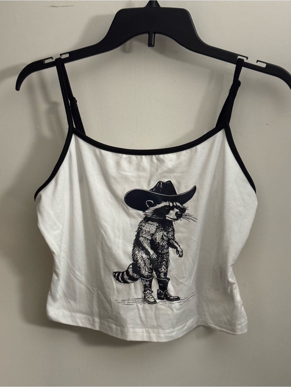 White Graphic Racer Raccoon Tank Top with Black Trim